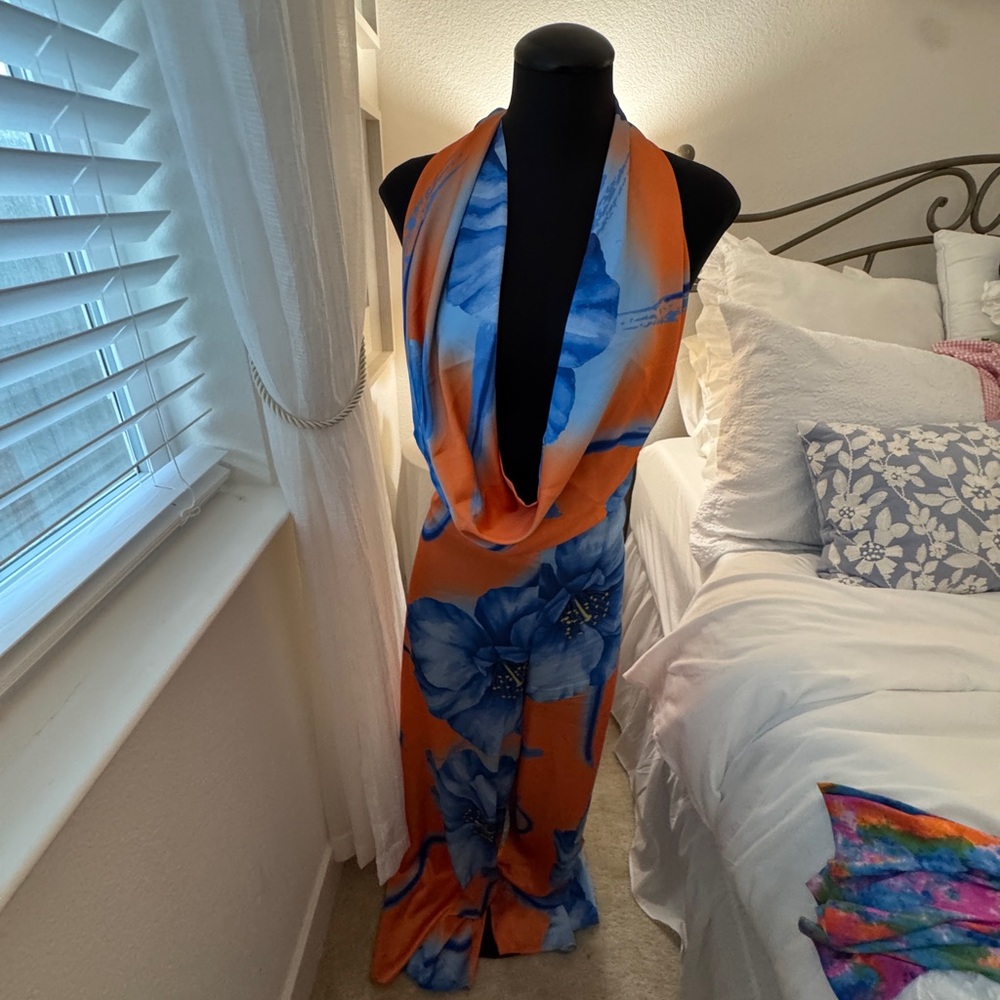 Vibrant Orange and Blue Satin Floral Wide Leg Jumpsuit